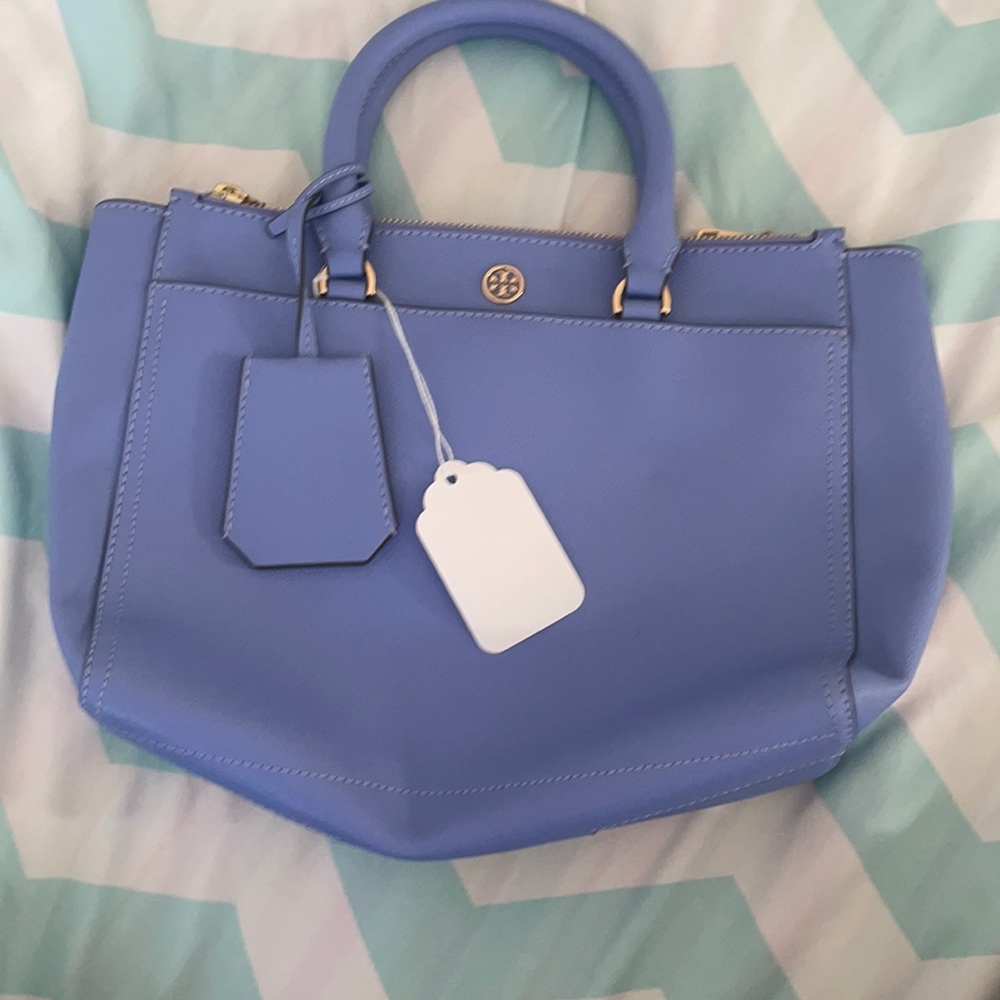 Tory Burch Blue Robinson Small Tote Double Zipper Bag